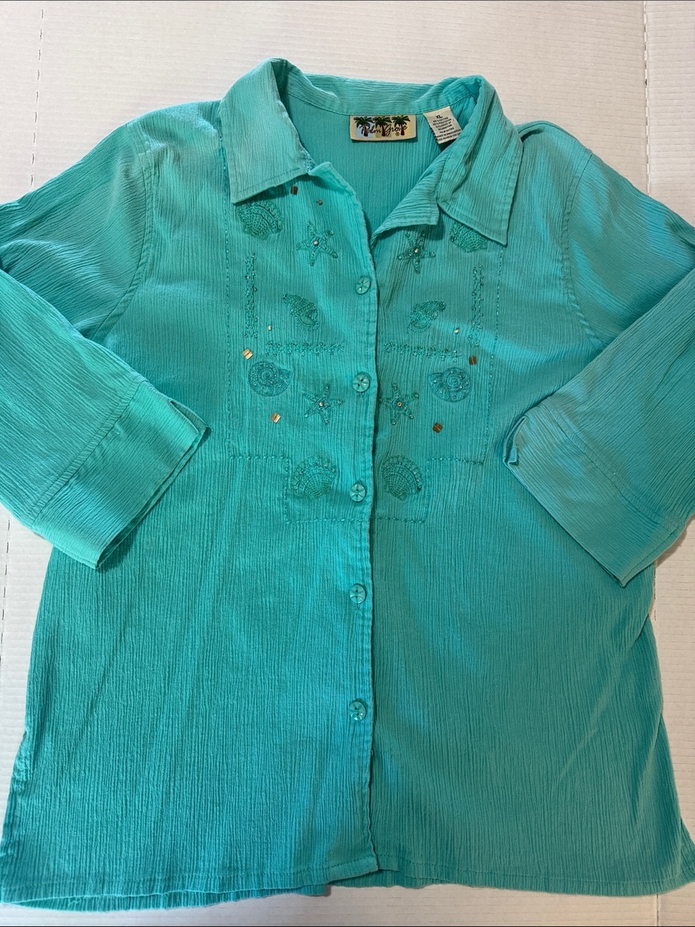Women’s Turquoise Embroidered Button-Down Shirt - Casual Collared Top